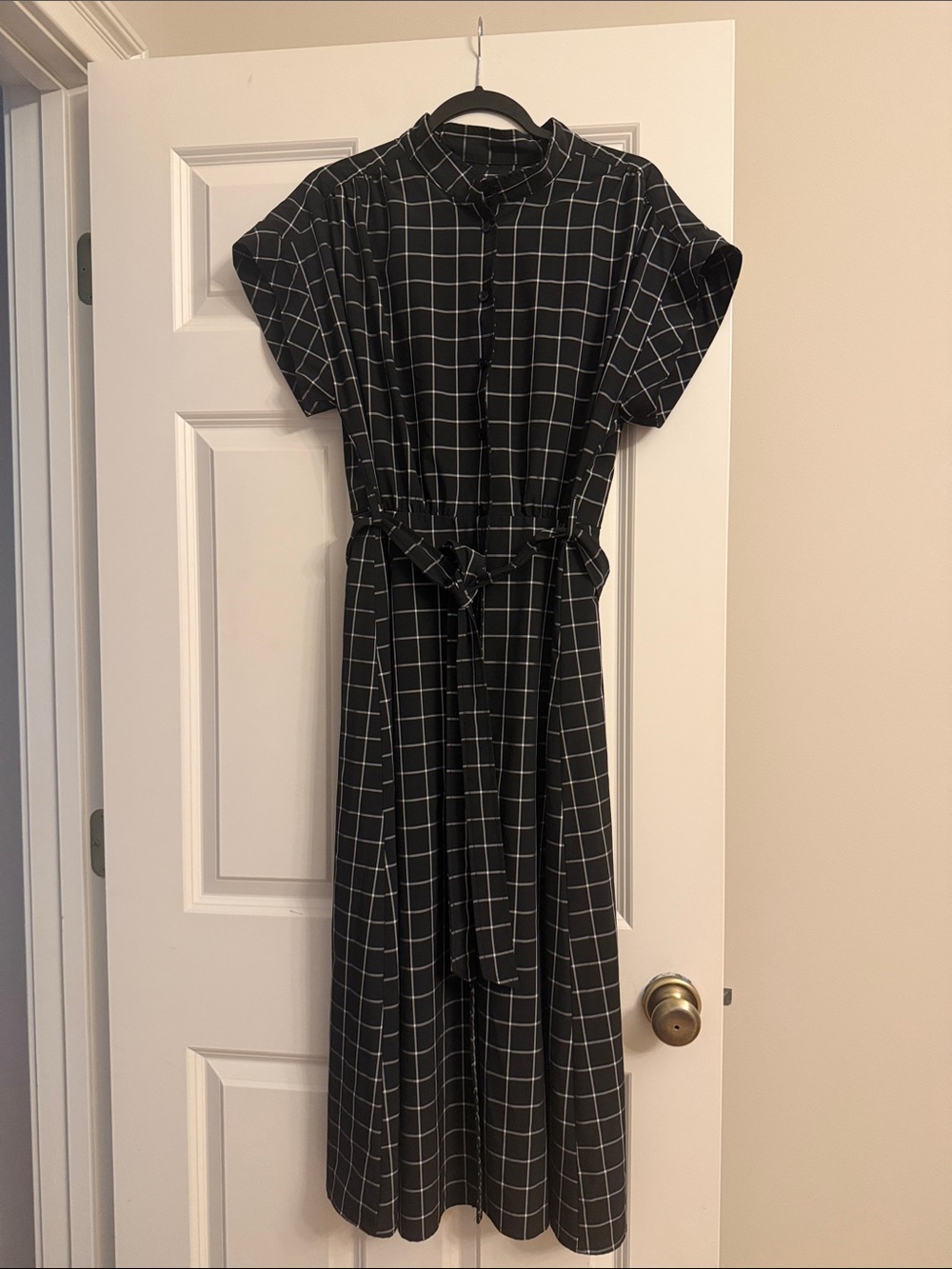 Calvin Klein Black Windowpane Midi Shirt Dress with Tie Belt